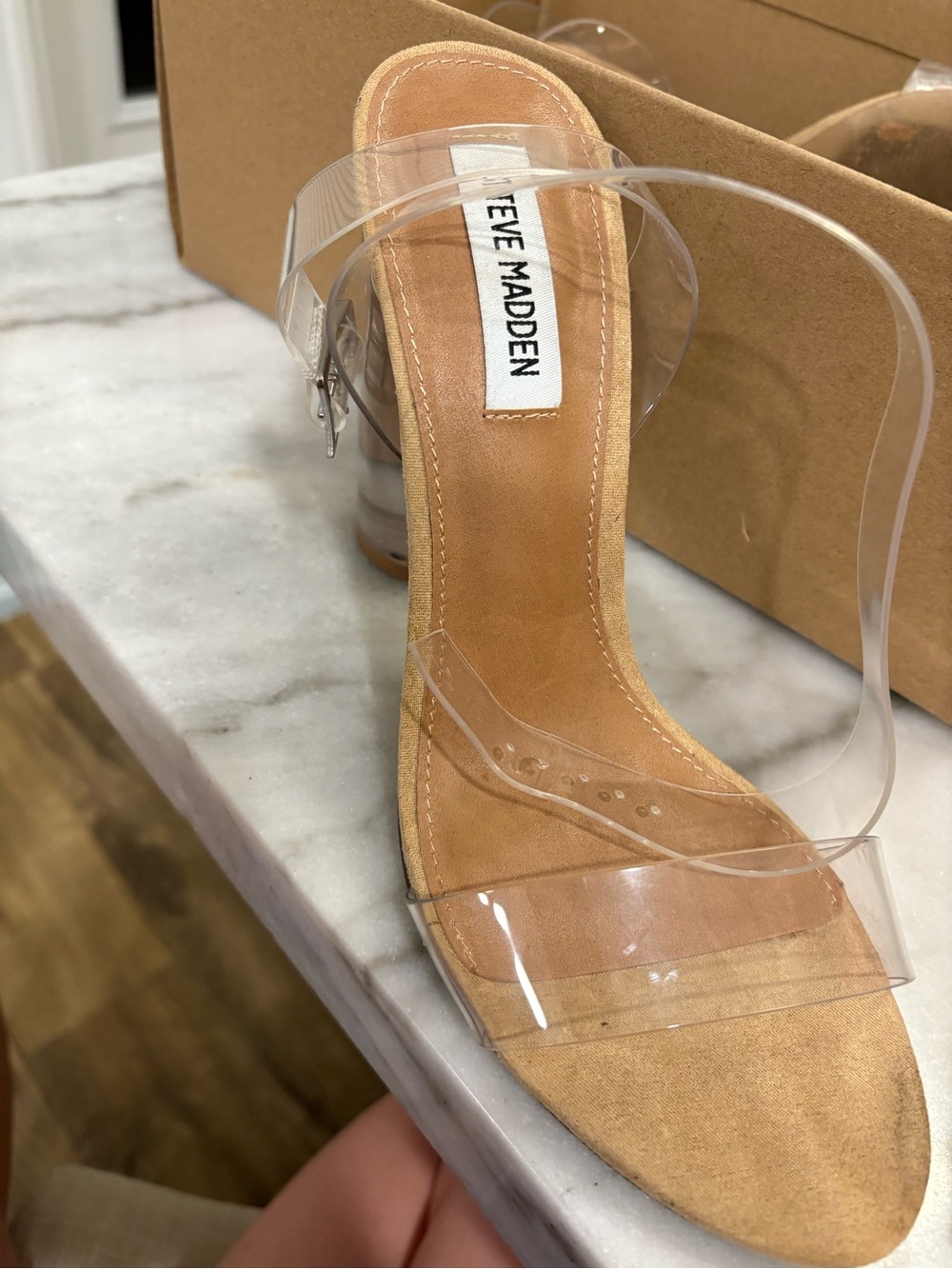 Steve Madden Tan Suede Heel with Clear PVC Straps